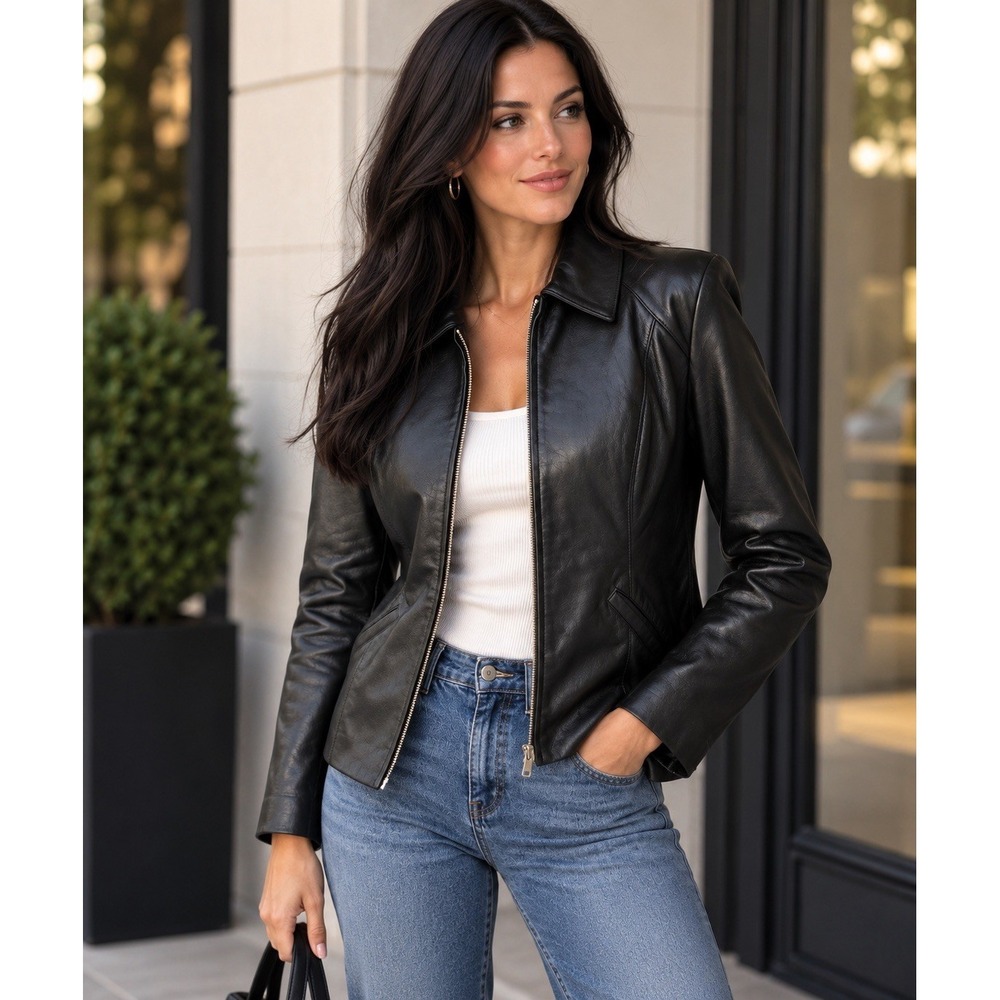 Alfani Petite Women S Black Genuine Leather Jacket Full Zip Y2K Fitted